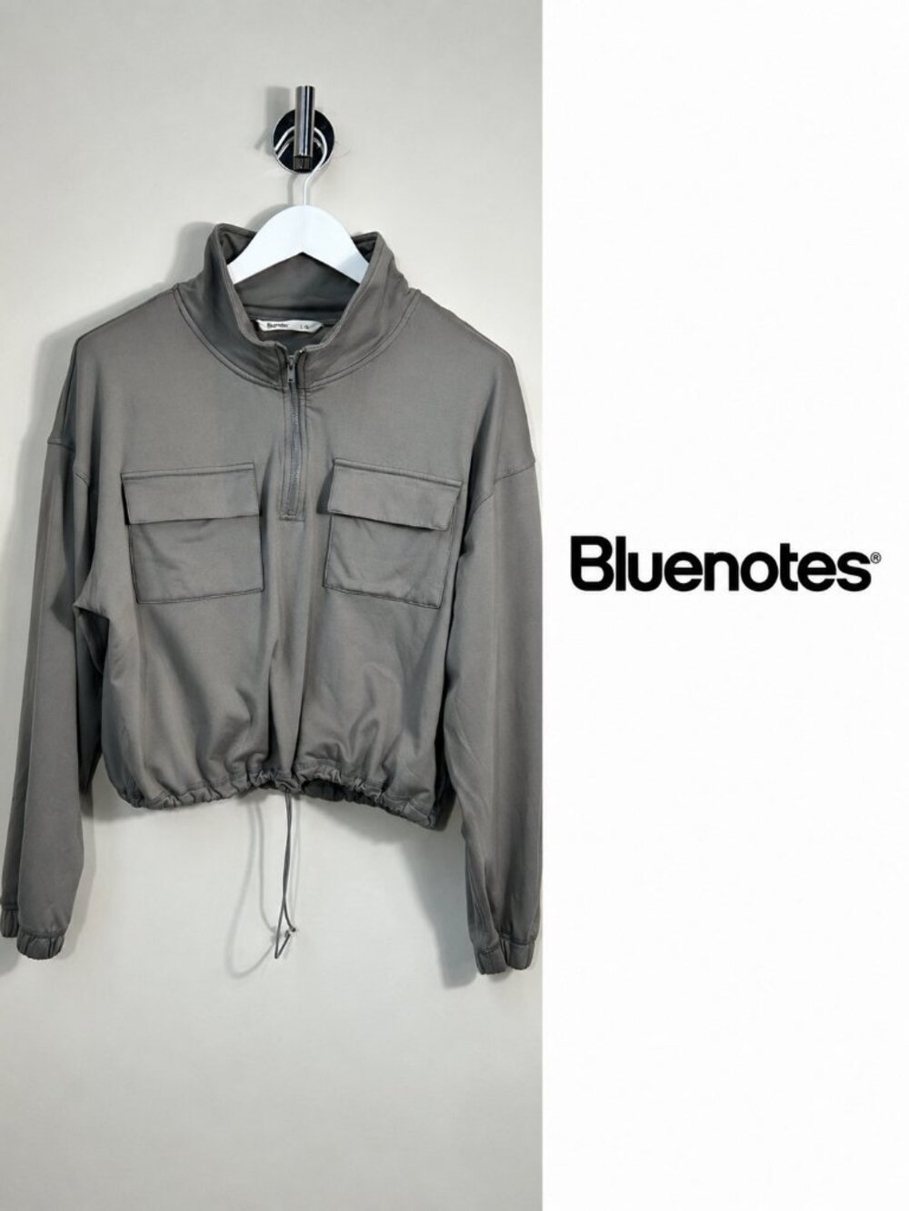 Bluenotes Grey Cropped Quarter Zip Pullover Utility Pocket Drawstring L/XL